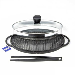 تابه گریل چدن بیضی با چوب و انبر یونیک