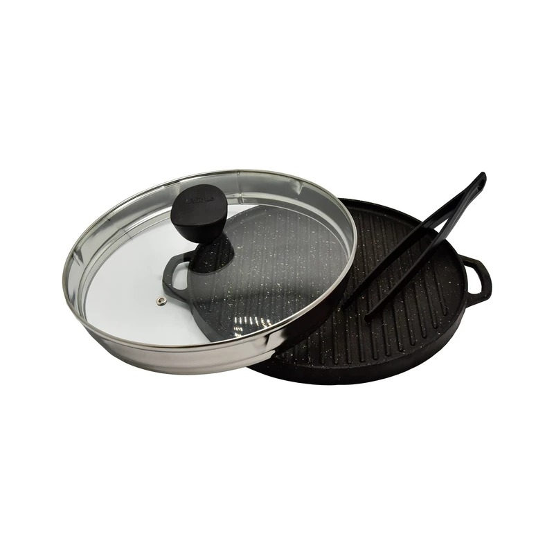 تابه گریل چدن گرد بزرگ بدون چوب یونیک