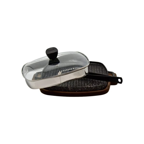 تابه گریل چدن مربع بزرگ با چوب و انبر یونیک