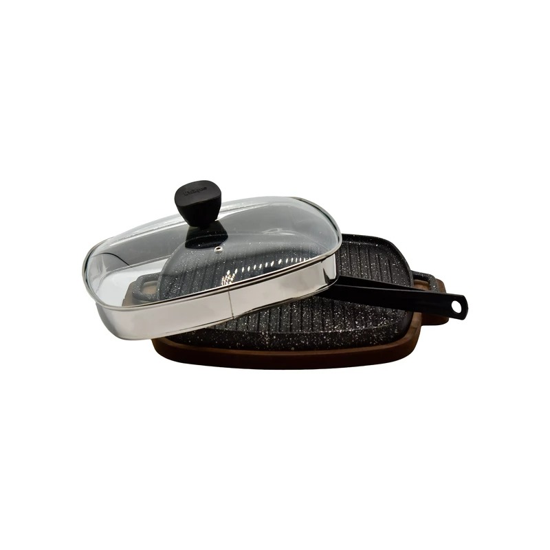 تابه گریل چدن مربع بزرگ با چوب و انبر یونیک